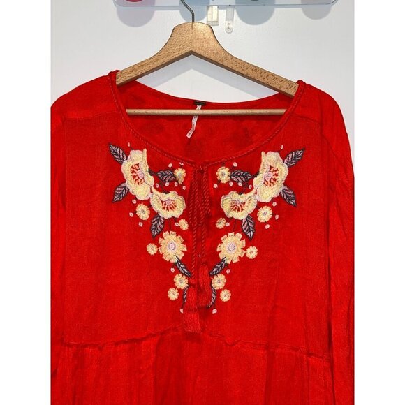 Free People Spell On You Poppy Red Floral Embroidered Peasant Dress Small Boho B - Picture 3 of 9
